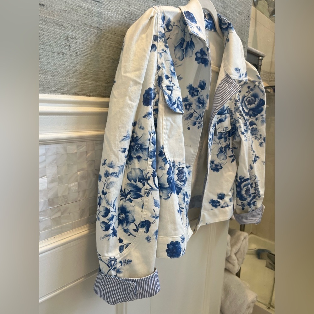 NWT new medium Anthropologie puff sleeve denim jean blue floral utility jacket - Picture 8 of 16